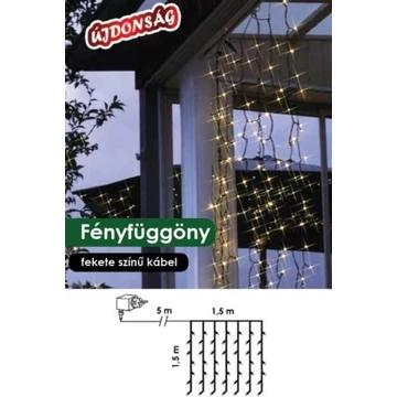 Dekortrend Kültéri LED fényfüggöny 1,5 x 1,5 m 198 db MELEG FEHÉR LED-del, fekete kábellel BONTOTT BEMUTATÓDARAB!!