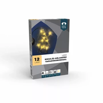 Dekortrend Mikulás ablakdísz tapadókoronggal, 12x20 cm, 12 LED meleg fehér, elemes