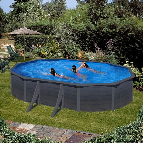 Gre Graphite ovális grafit színű  fémfalas medence  6,10 x 3,75 x 1,20 cm -  grafit színű palásttal, szkimmerrel, befúvóval