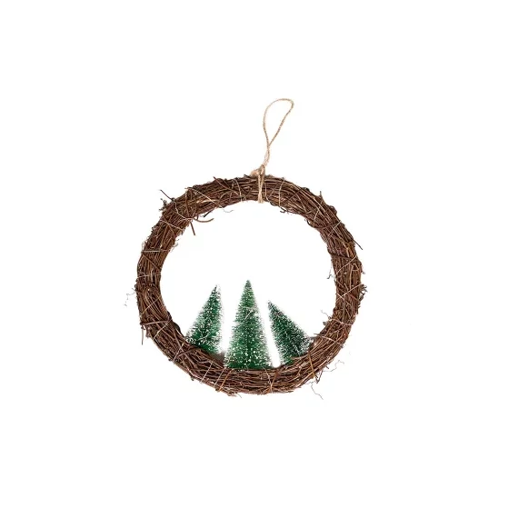 Dekortrend rattan ablakdísz fenyőfákkal, 30 cm, 30 LED, meleg fehér, elemes