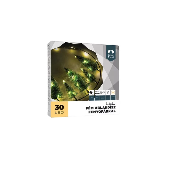 Dekortrend fém ablakdísz fenyőfákkal, 30 cm, 30 led, meleg fehér, elemes