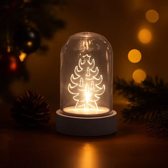 Dekortrend Fenyőfa üveg asztaldísz, 9 cm, meleg fehér, elemes