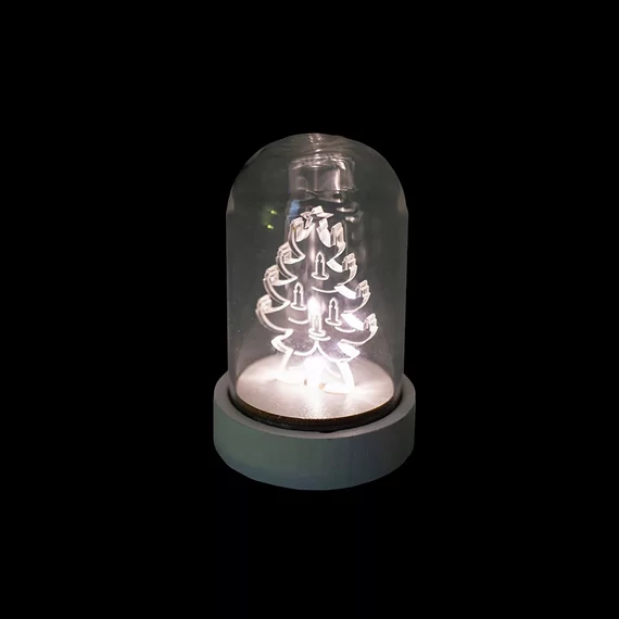 Dekortrend Fenyőfa üveg asztaldísz, 9 cm, meleg fehér, elemes