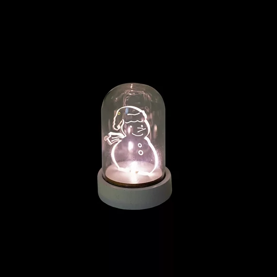 Dekortrend Hóember üveg asztaldísz, 9 cm, meleg fehér, elemes