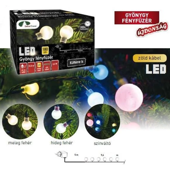 Dekortrend Kültéri Gyöngy fényfüzér, 120 LED, SZÍNES, 9,6 m, zöld kábel, 5 m betápkábel BONTOTT BEMUTATÓDARAB!!