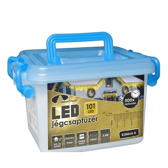 Dekortrend Kültéri LED jégcsapfüzér 3,0 x 0,4 m 101 db MELEG FEHÉR LED-del, fekete kábellel BONTOTT BEMUTATÓDARAB!!!