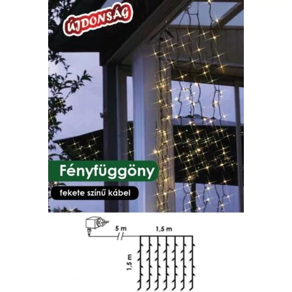 Dekortrend Kültéri LED fényfüggöny 1,5 x 1,5 m 198 db MELEG FEHÉR LED-del, fekete kábellel BONTOTT BEMUTATÓDARAB!!
