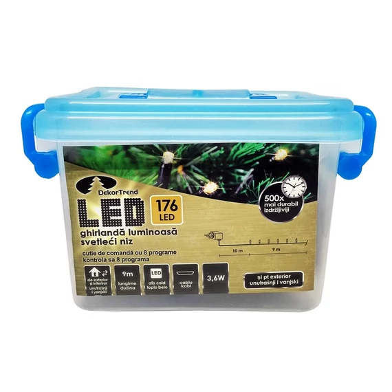 Dekortrend Kültéri vezérlős LED Fényfüzér 176 db / 9 m MELEG FEHÉR LED-del BONTOTT BEMUTATÓDARAB!!