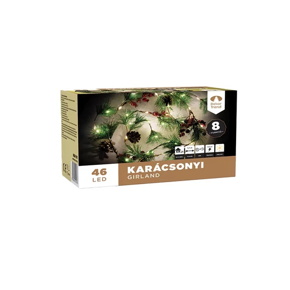 Karácsonyi girland LED világítással, 46 led, meleg fehér, 8 funkció