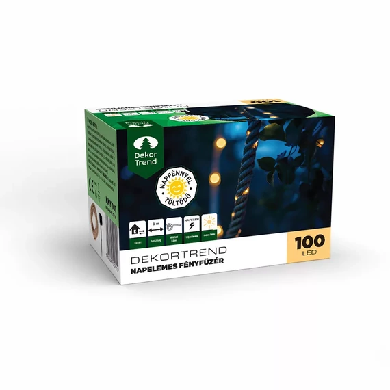 Dekortrend Napelemes LED kötél fényfüzér, 100 led, meleg fehér, 8m Cikkszám:  KNY_101