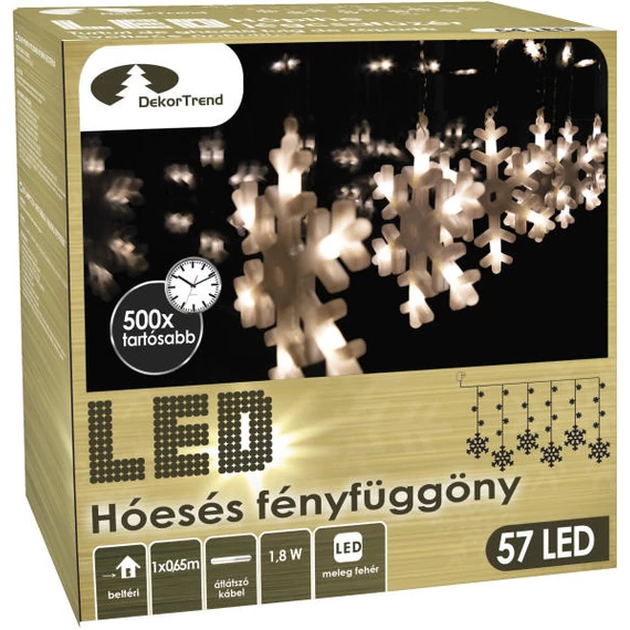 Dekortrend Beltéri HÓESÉS fényfüggöny, 57 meleg fehér LED, 1x0,65 méter, átlátszó kábel BONTOTT BEMUTATÓDARAB!!