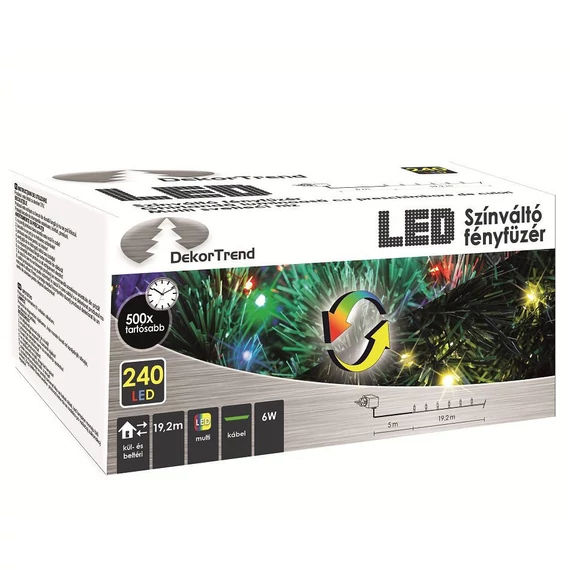 Dekortrend Kültéri SZÍNVÁLTÓ (Meleg fehér/színes) fényfüzér, 240 LED, 19,2 m zöld kábel BONTOTT BEMUTATÓDARAB!!