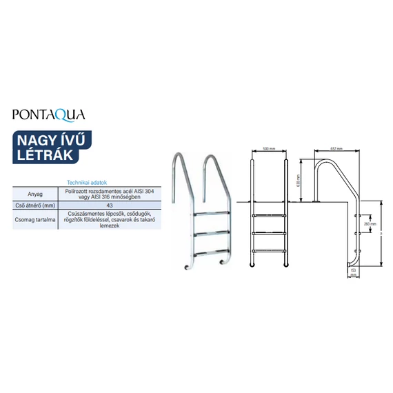 Létra nagy ívű, kiemelhető, 4 fokos AISI304