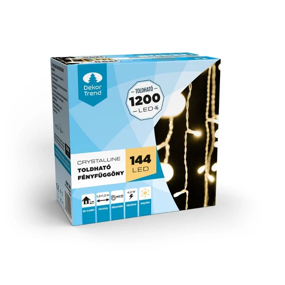 Crystalline toldható LED fényfüggöny 1,2x1,2 m, 144 db meleg fehér LED, átlátszó kábel