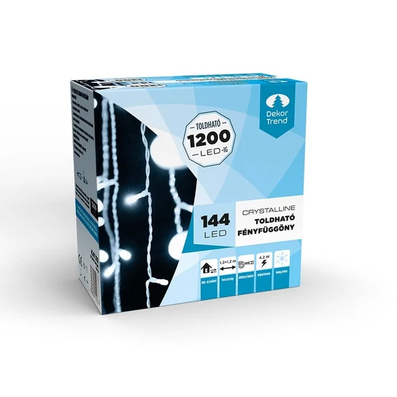 Crystalline toldható LED fényfüggöny 1,2x1,2 m, 144 db hideg fehér LED, átlátszó kábel