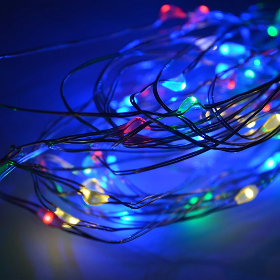 Tündérfény dekorfüzér 5 m, 50 db multi LED, réz kábel