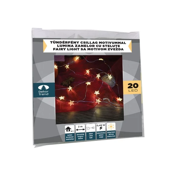 Tündérfény csillaggal, 2 m, 20 db meleg fehér LED, ezüst kábel
