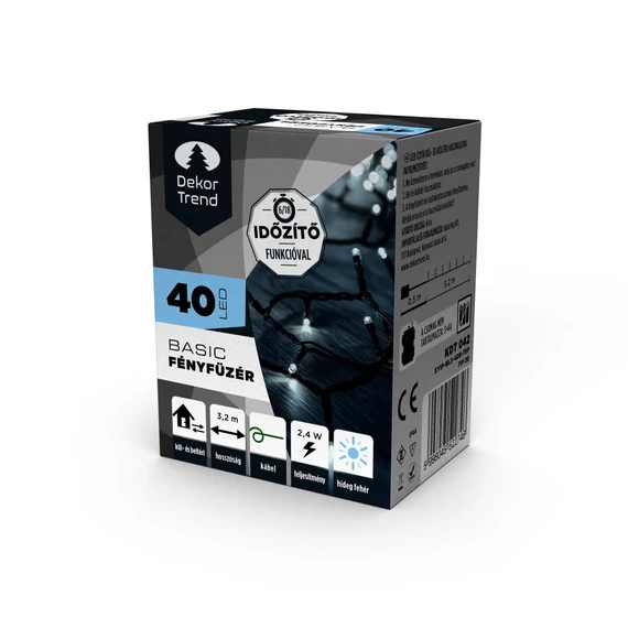 Dekortrend Basic elemes fényfüzér, 40 db hideg fehér LED, időzítő funkcióval