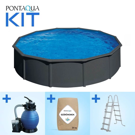 Kép 1/5 - Pontaqua Family Pool KIT ANTRACIT kerek fémfalas családi medence szett 3,6 x 1,2 m