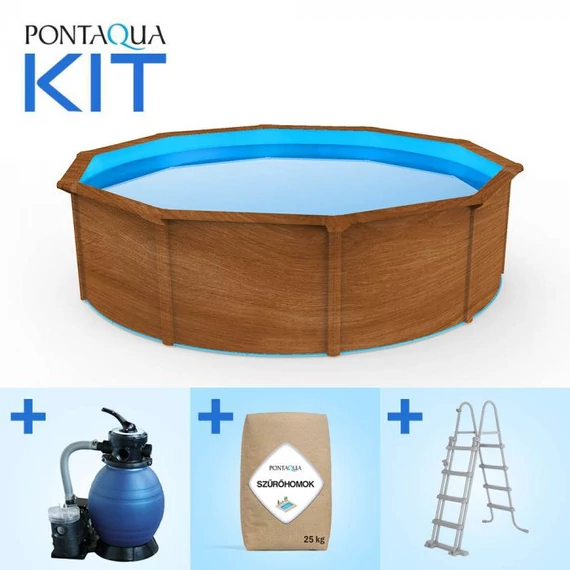 Kép 1/5 - Pontaqua Family Pool KIT WOOD kerek fémfalas családi medence szett 3,6 x 1,2 m