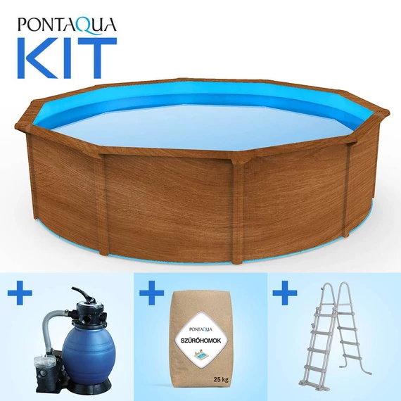 Kép 1/5 - Pontaqua Family Pool KIT WOOD kerek fémfalas családi medence szett 4,6 x 1,2 m